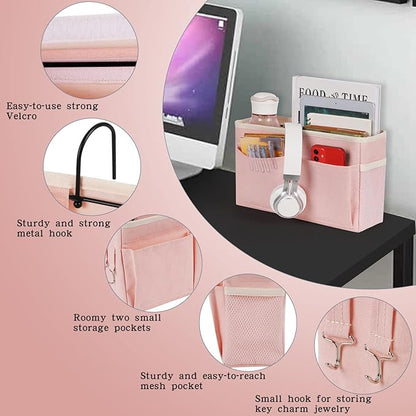 Retyion Bedside Caddy Bedside Storage Organizer Hanging Bunk Bed Dorm Room with Side Pockets for Water Bottles, Books, Cell Phones, Headphones 2 Pack (Pink)