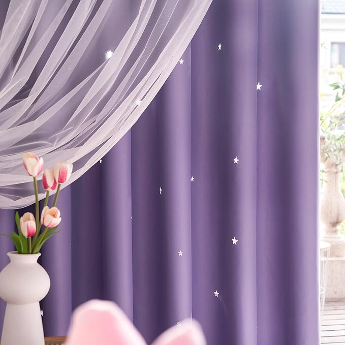 Star Double Layer Blackout Curtains for Bedroom, Kids - Cute, 96 Inch Long, 2 Panels Set, Purple, 42 x 96 Inch