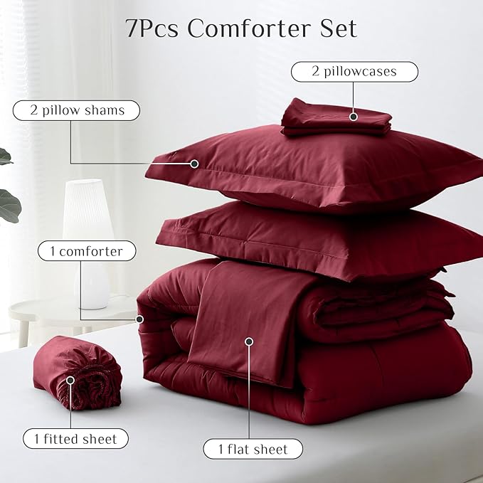 JOLLYVOGUE King Comforter Set, Ultra-Soft Bed in a Bag King Size 7 Pieces, Oeko-TEX Certified Bedding Set with Down Alternative Comforter, Sheets, Pillowcases & Shams, Burgundy