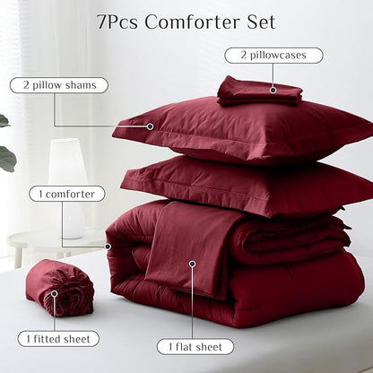 JOLLYVOGUE King Comforter Set, Ultra-Soft Bed in a Bag King Size 7 Pieces, Oeko-TEX Certified Bedding Set with Down Alternative Comforter, Sheets, Pillowcases & Shams, Burgundy