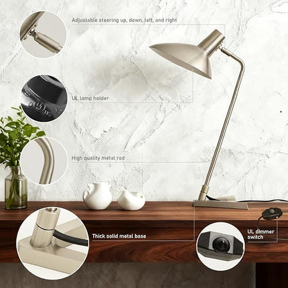 Industrial Desk Lamp Metal Modern Table Lamp 22", Adjustable Neck (4000K) with Adjustable Switch, Ideal for Office Desk Bedroom Bedside Lamps Study Room Living Room Side Table (Nickel)