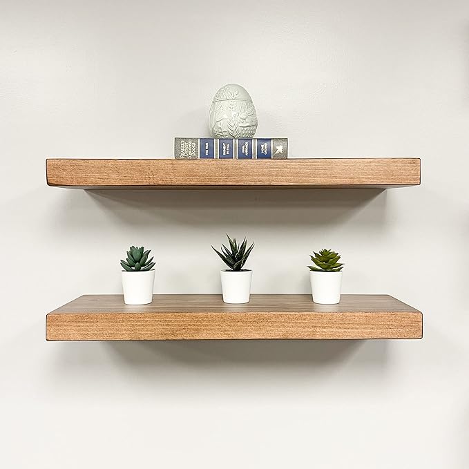 URBANDI, Rustic Floating Shelves, Set of 2, Hidden Bracket, Solid Wood, Heavy Duty, Wall Mounted Shelves, (Brown, 24Wx8D)