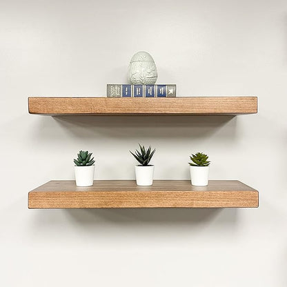 URBANDI, Rustic Floating Shelves, Set of 2, Hidden Bracket, Solid Wood, Heavy Duty, Wall Mounted Shelves, (Brown, 36Wx12D)