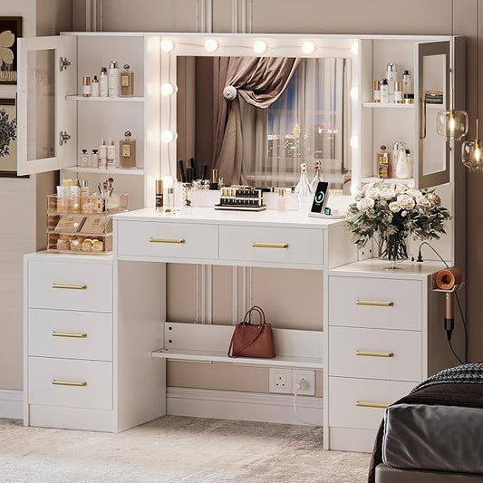 58.3”Vanity Desk with Mirror and Charging Station, Bedroom Dressing Table, Large Vanity Set, 8 Drawers and 2 Cabinets, Makeup Vanity Table with Charging Station, Without Lights