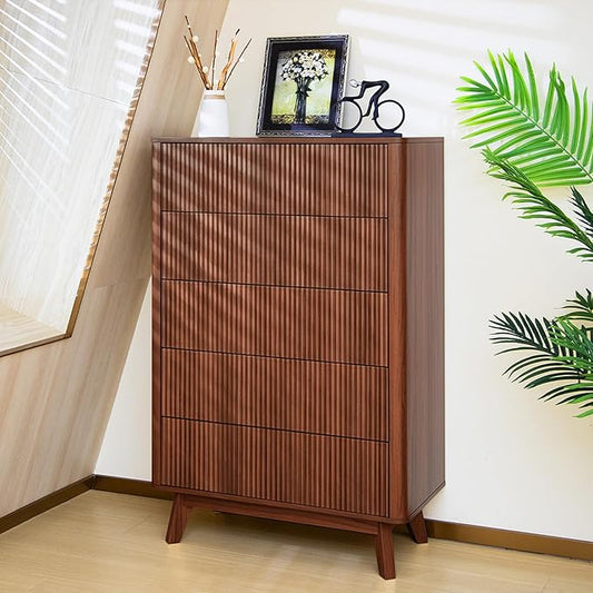 Fluted 5 Drawers Dresser for Bedroom, 47" Tall Handleless Chest of Drawers with Faux Marble Top, Curved Profile Design, Wood Drawer Organizerfor forLiving Room, Hallway, Entryway, Walnut