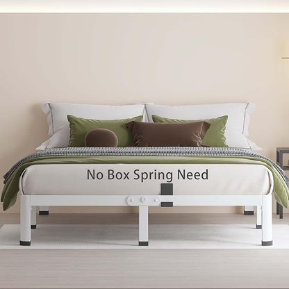 MAF 7 Inch Queen Metal Platform Bed Frame White with Round Corner Legs, Mattress Slide Stopper, 3000 LBS Heavy Duty Steel Slats Support, Noise Free, No Box Spring Needed, Easy Assembly