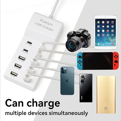 Puikfyni Portable USB C Charging Station,4 -C- Ports, USB Charging hub 10-Ports/USB c Charger Block for Multiple Devices Phones Tablet Smartwatch Headphones Speakers (USB-4C+6A)