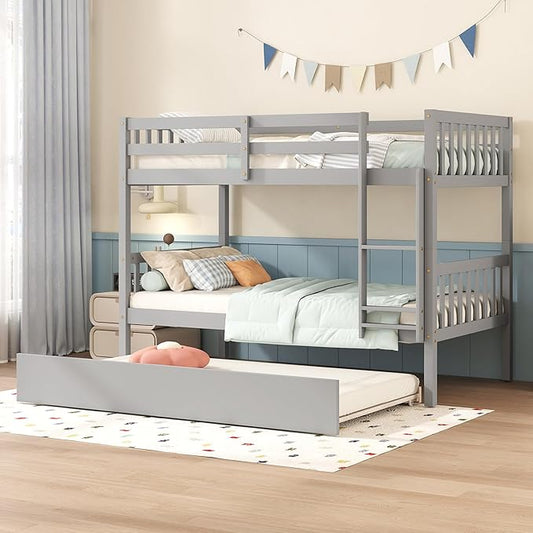 Bellemave Twin Over Twin Bunk Bed with Trundle,Convertible Bunk Beds with Ladder & Safety Guardrails,Twin Size Bunk Beds for Kids Girls Boys,Grey