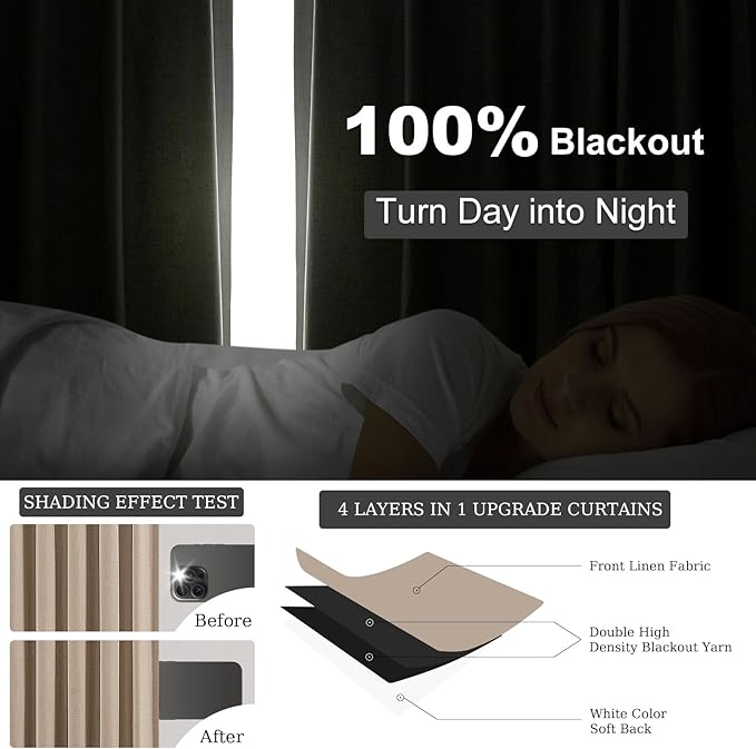 Topfinel 100 Inch Long Black Out Burlap Custom Curtains, Double Pinch Pleated Window Coverings, Nursery Summber Boho Farmhouse Heat Sound Block Back Tab Curtains for Sliding Door Sunroom Bay Window