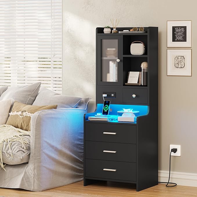 ADORNEVE Tall Night Stand with Charging Station and LED Lights,49.2" Nightstand with Bookshelf, Black Bedside Table with Drawers,End Side Table for Bedrooms