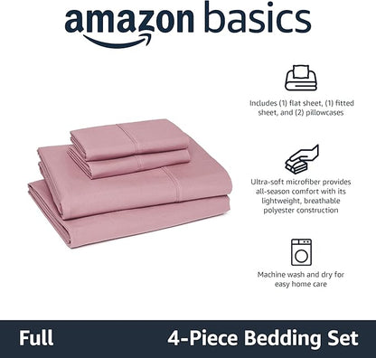 Amazon Basics Lightweight Microfiber 4-Piece Bed Sheet Set, Rose, Solid, Full