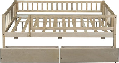 Bellemave Full Size Bed Frames with Rails for Kids, Full daybed Frame with Drawers for Boys/Girls/Adults， Natural