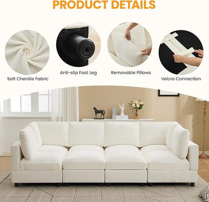 116'' Modular Sectional Cloud Sofa Bed, 8-Seater Convertible Sofa Couch with Ottoman, Modern Deep Seat Sleeper Sofa for Living Room, Chenille Beige