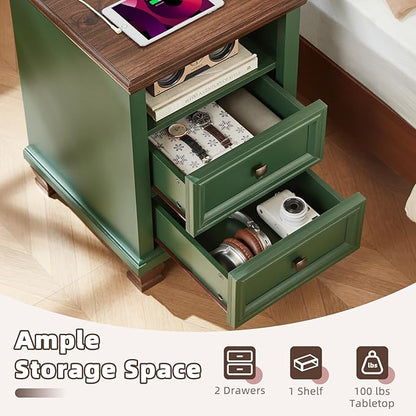 SAVOR LIFE Farmhouse Nightstand Set of 2 with Charging Station, Rustic Green Nightstand,2 Drawers End Table for Living Room,Bedside Table with Open Shelf for Bed Room,Green