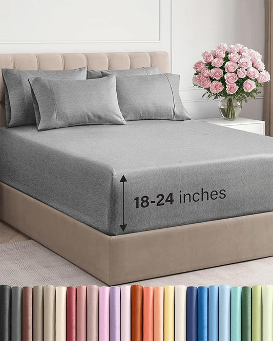 Extra Deep King Sheet Set - 6 Piece Breathable and Cooling Sheets - Hotel Luxury Bed Sheets Set - Easy Fit - Soft, Wrinkle Free and Comfy Sheets Set - Heathered Grey Sheet Set with Extra Deep Pockets
