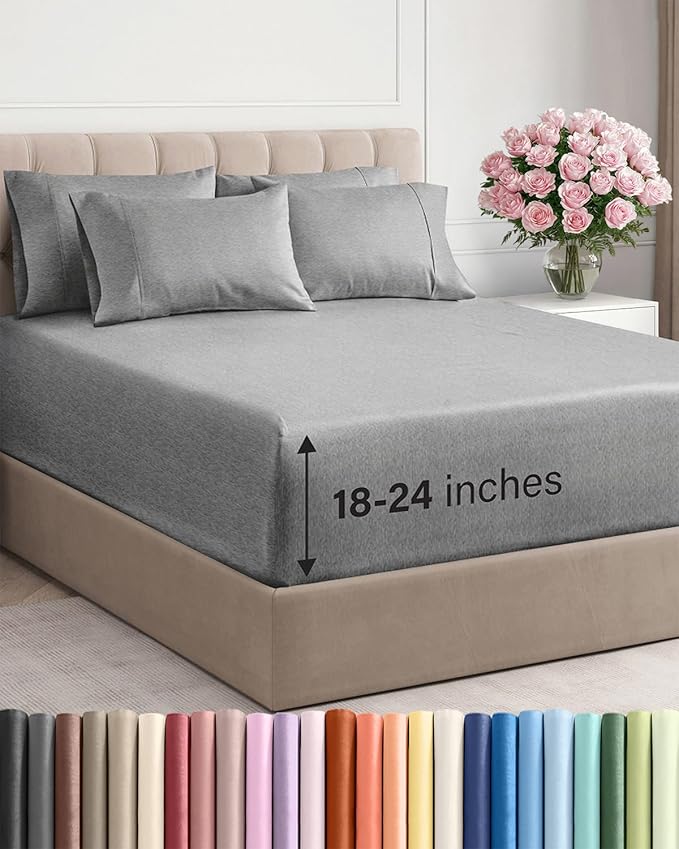 Extra Deep Queen Sheet Set - 6 Piece Breathable and Cooling Sheets - Hotel Luxury Bed Sheets Set - Easy Fit - Soft, Wrinkle Free and Comfy Sheets Set - Heathered Grey Sheet Set with Extra Deep Pockets
