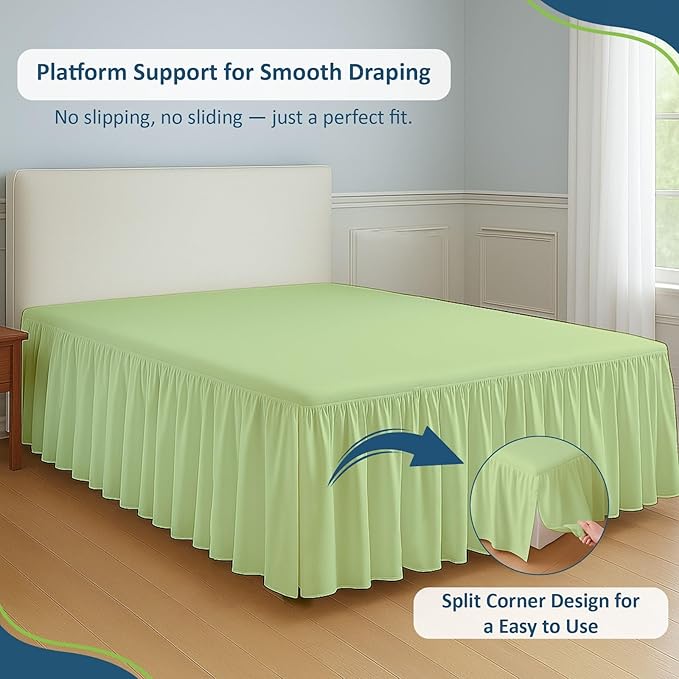 Rajlinen Ruffled Bed Skirt California King, 8 Inch Drop Dust Ruffle with Split Corners, 100% Microfiber Bedskirt with Platform, Three-Sided Coverage Ruffled Gathering Design, Sage