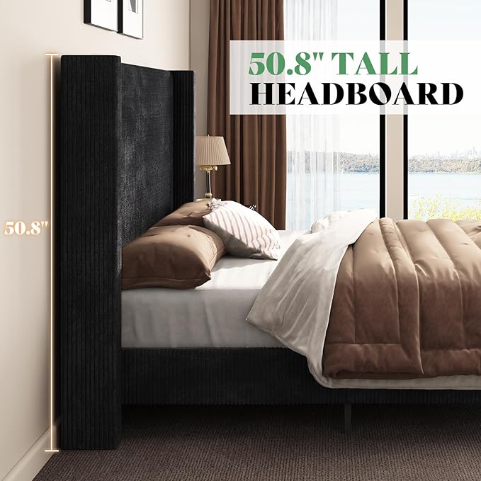 AMERLIFE California King Size Upholstered Bed Frame with 50.8" Tall Headboard, Wingback Platform Bed with Solid Wood Legs, Wooden Slats, Corduroy/No Box Spring Needed/Noise Free/Black