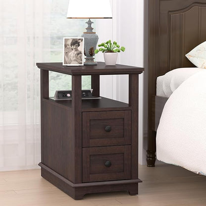 HIFYOBRO Narrow End Table with Flip Top Charging Station Set of 2, Side Table with 2 Drawers, Type-C & USB Port & Power outlets, Wooden Storage Cabinet for Living Room and Bedroom (Espresso)