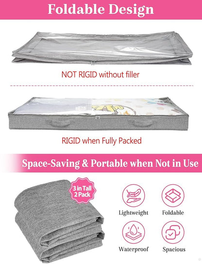 Low Profile Under Bed Storage, 3 Inches High Underbed Storage Containers Bins, NO STRUCTURE, Foldable Clothes Storage and Organizer with Lid & Zipper, Shallow Storage for Low Bed Couch Crib, 2-Pack