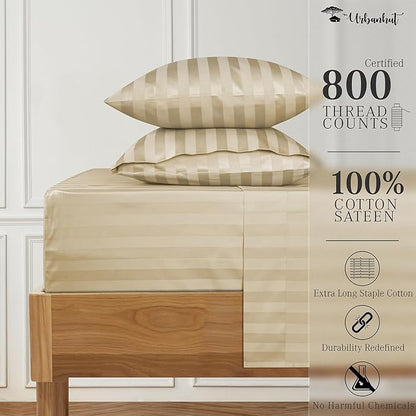 URBANHUT 800 Thread Count 100% Cotton Damask Full Size Sheets, 4 Piece Striped Full Size Bedsheets, Luxury Hotel Sheets Sateen Weave - Better Than Egyptian, 16" Elasticized Deep Pocket- Sand