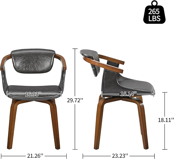 Art Leon Swivel Dining Chairs, Set of 2, Mid Century Modern Faux Leather Kitchen Dining Room Chair with Arms, Desk Chairs No Wheels, Gray