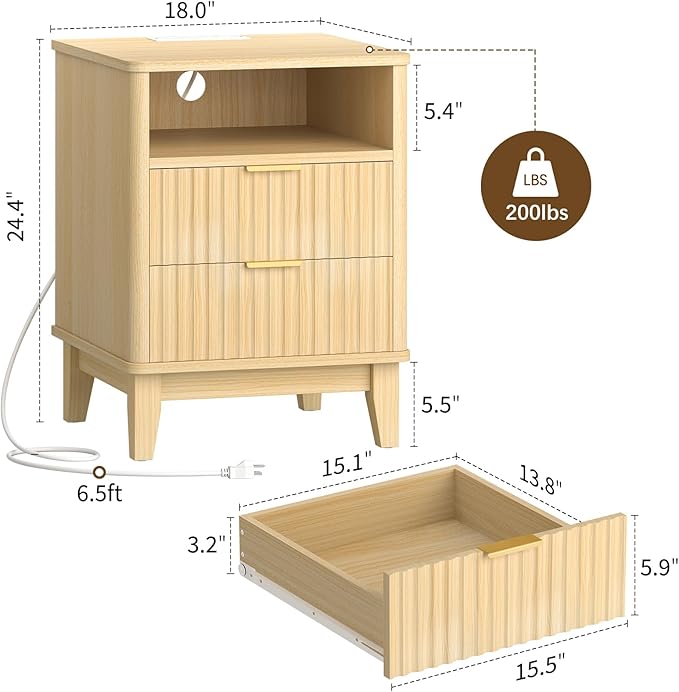 Night Stand Set of 2 with Charger Station, Fluted Nightstand with Drawers and Storage Shelf, Mid Century Modern Bedside Table Nightstands, Large Bed Side Table Wood Night Stands for Bedroom