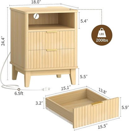Night Stand Set of 2 with Charger Station, Fluted Nightstand with Drawers and Storage Shelf, Mid Century Modern Bedside Table Nightstands, Large Bed Side Table Wood Night Stands for Bedroom