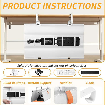 No Drill Under Desk Cable Management Tray, 28" Cord Organizer with Clamp, Fabric Cable Management for Standing Desks, Ideal for Home & Office - White