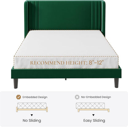 SHA CERLIN Full Size Velvet Upholstered Platform Bed Frame with Vertical Channel Tufted Wingback Headboard, Wooden Slats Support, Easy Assembly, Under Bed Storage, No Box Spring Required, Green