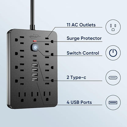 6 FT Flat Plug Surge Protector Power Strip,11 Multiple AC Outlets with 6 USB Ports (2 USB C), 6 Feet Extension Cord, 1250W/10A, One Touch Switch Button, 17 in 1 Compact powerstrip