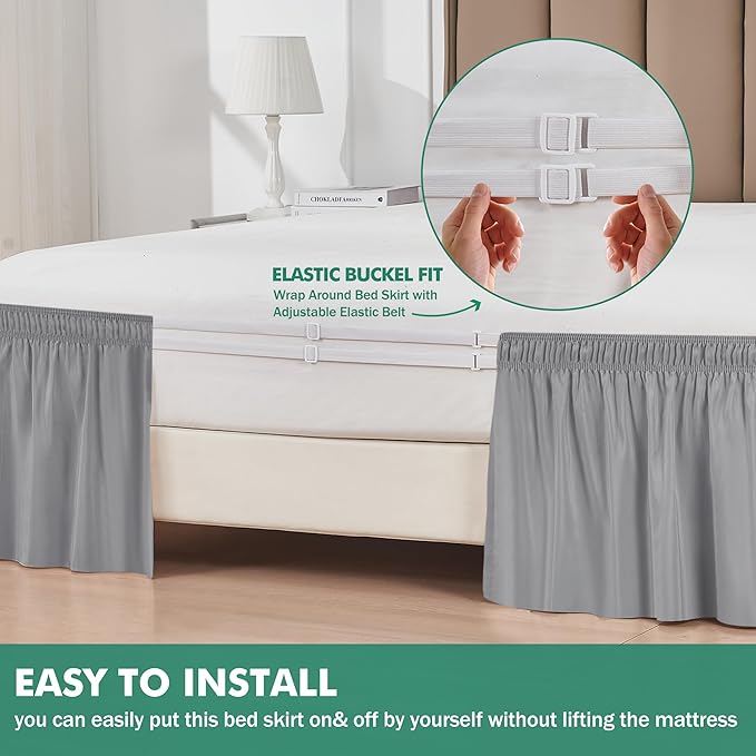 Biscaynebay Wrap Around Bed Skirts with Split Corners for Queen Beds 18" Drop, Silver Grey Adjustable Elastic Dust Ruffles Easy Fit Wrinkle Resistant Silky Luxurious Fabric Machine Washable