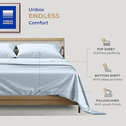 THREAD SPREAD Cotton Full Size Sheet Sets - 400 Thread Count 4 PC 100% Cotton Bed Sheets, 16” Deep Pocket Full Size Sheets Cotton, Extra Soft, Cooling Full Sheet Set, Luxury Hotel Sheets (Light Blue)