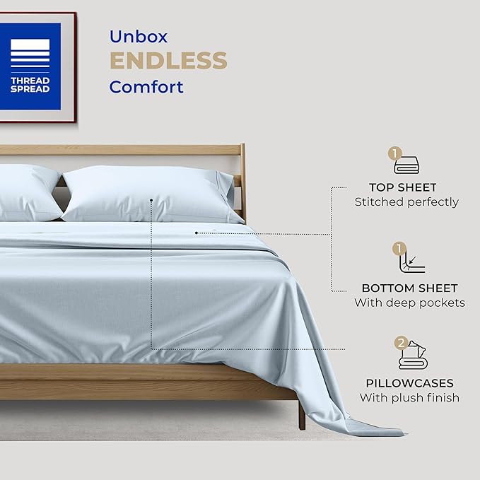 THREAD SPREAD 100% Cotton Sheets King Size - 400 Thread Count King Size Sheets Set (4 PC, Light Blue), 16" Deep Pocket All Around Elastic, Soft, Cooling, Durable & Breathable Sateen Bed Sheet Set