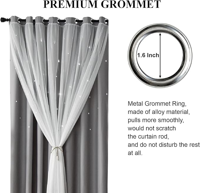 Star Double Layer Blackout Curtains for Bedroom & Kids, 84 Inch Long 2 Panel Set, Grey, 42 x 84 Inch
