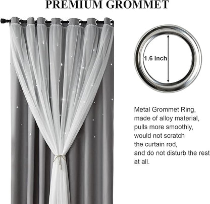 Star Double Layer Blackout Curtains for Bedroom, Kids - Cute, 96 Inches Long, 2 Panels Set, Grey, 42 X 96 Inches