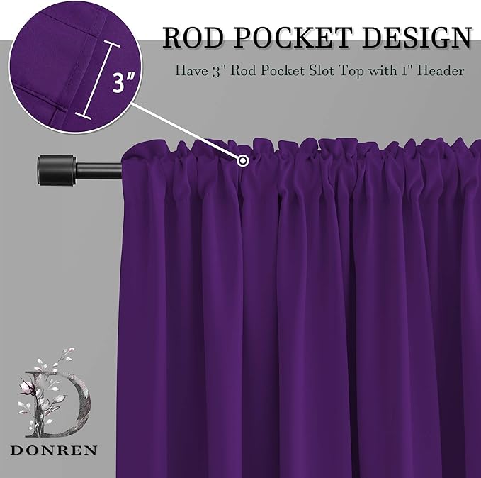 DONREN 54 Inch Length Royal Purple Blackout Curtains for Kitchen - Small Window Treatment Rod Pocket Curtain Drapes for Bedroom(Set of 2 Panels)