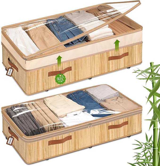 Livole Bamboo Under Bed Storage with Wheels, 6-10 inches Height Adjustable Underbed Storage Containers, 92L XXXL Large Rolling Under Bed Storage Bins for Clothes, Blankets, Sweater, Shoes, 1 Pack