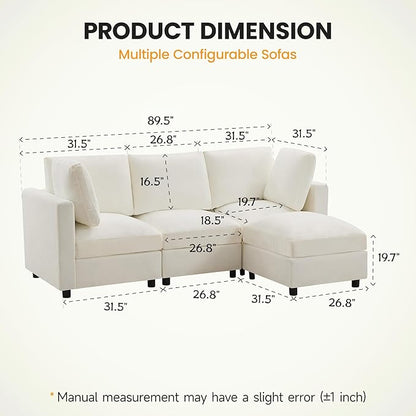 89'' 3-Seater Modular Sectional Cloud Sofa with Ottoman, L-Shaped Couch for Living Room, Modern Convertible Deep Seats Sofa, Chenille Beige