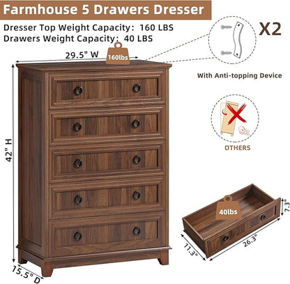 Farmhouse 5 Drawer Dresser for Bedroom, 42" Tall Small Dressers & Chest of Drawers, Rustic Wood Dresser with Metal Handle, Storage Organizer Closet for Living Room, Hallway, Entryway
