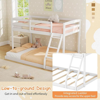 KOMFOTT Low Bunk Bed Twin Over Full, Solid Wood Twin Bed Frame with Built-in Ladder & Safety Guardrails, Space-Saving Low Bunk Bed for Kids, Teens, No Box Spring Needed
