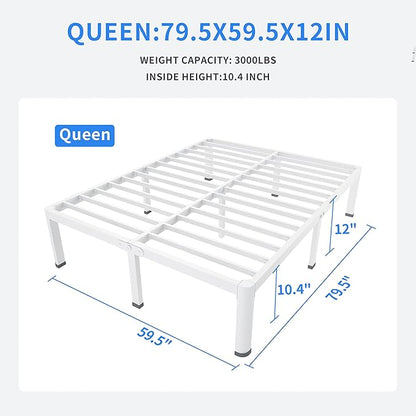 MAF 12 Inch Queen Metal Platform Bed Frame White with Round Corner Legs, Mattress Slide Stopper, 3000 LBS Heavy Duty Steel Slats Support, Noise Free, No Box Spring Needed, Easy Assembly
