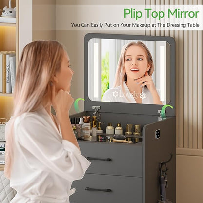 HNEBC 3 in 1 Vanity Desk with Plip Top LED Mirror,Small Dressing Table Set with Visible Glass Desktop,Compact Vanity with 3 Drawers,Storage Compartment and Padded Stool,for Bedroom(Grey)