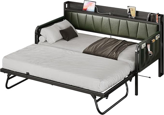 LIKIMIO Daybed with Trundle Bed, Twin Bed Frame with Storage Headboard and Charging Station, Sofa Day Bed with Strong Supports for Living Room, Bedroom, and Guest Room, Dark Green