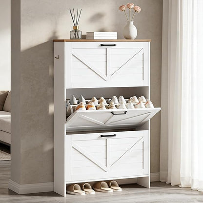 Nicetree Shaker Barn Door Shoe Storage Cabinet for Entryway, 3 Flip Drawers & 3-Tier Adjustable Shelves, Ultra Slim Freestanding, Modern Rustic Brushed White Farmhouse Shoe Rack for Hallway, Foyer