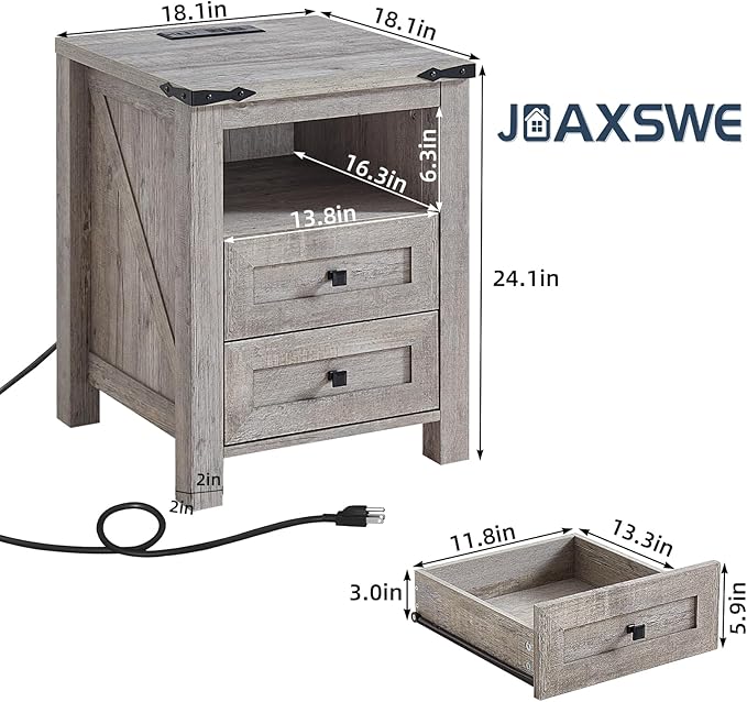 Joaxswe Nightstand with Charging Station and USB Port, Farmhouse Night Stand with 2 Drawers and Shelf Storage, Wooden Side End Table, Bedside Cabinet for Bedroom, Living Room, Closet,Office (Grey)