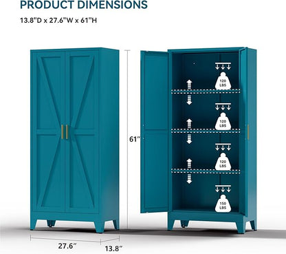 Farmhouse Pantry Cabinet with Barn Doors,61" H x 27.5" W,Metal Cabinet with Adjustable Shelves,4-Tier Storage Cabinet for Kitchen Dining Room Garage,Blue