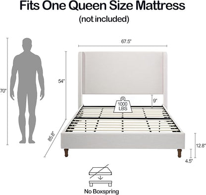 Harper Upholstered Bed with 54" Tall Headboard - Wingback Chenille Platform Bed Frame, Solid Wood Feet, Sturdy Metal Base, Easy Assembly (Textured Ivory, Queen (U.S. Standard))