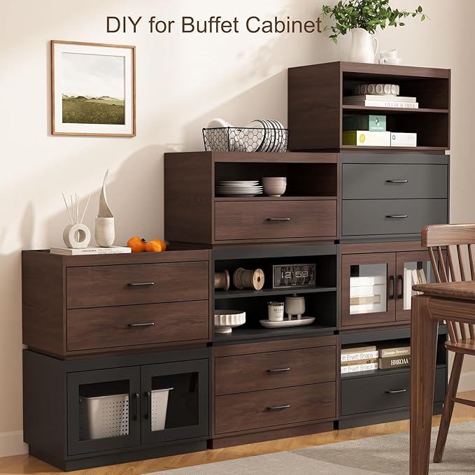 Stackable Storage Drawers, 28" Wide Storage Bins with 2 Doors for Closet Organizers, Wood Stackable Closet Organizer Modern Large Stackable Storage Units for Living Room Hallway Bedroom, Brown