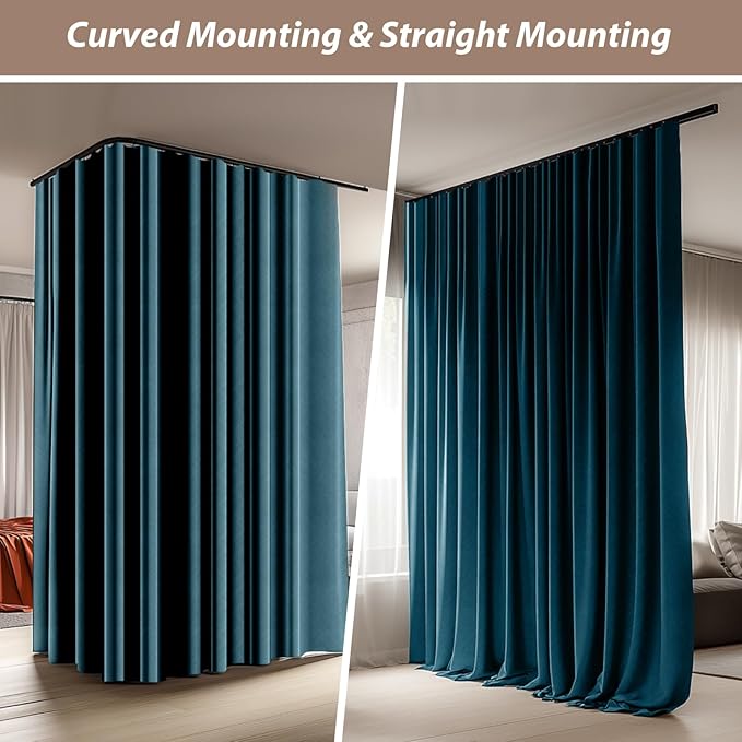 Room Divider Curtains with Ceiling Curtain Track Set Window Curtain for Bedroom,Living Room Total Blackout Thermal Insulated Privacy Ceiling Track Curtain W 9 × H 9 FT Azure Blue drape&Black track